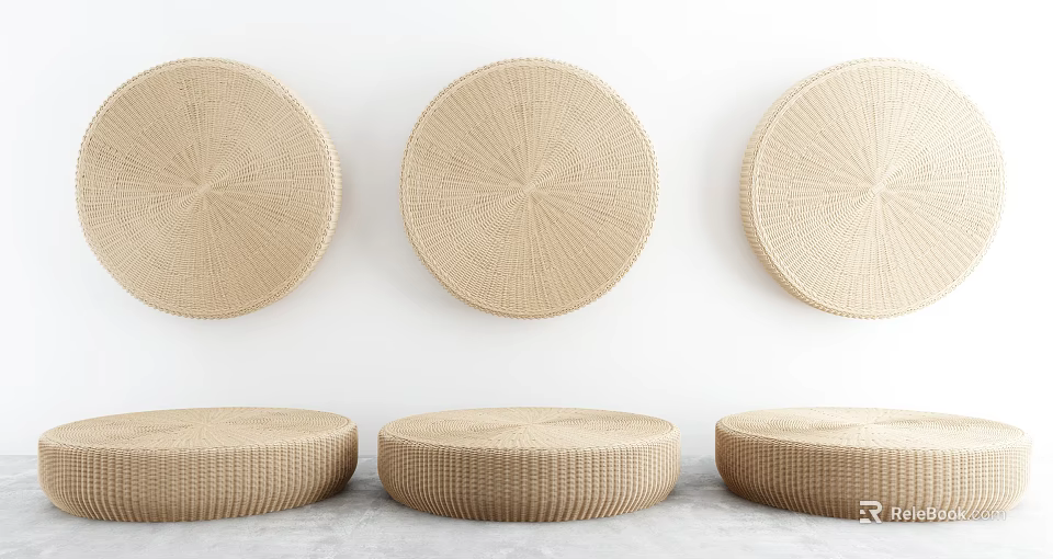 Woven Wall Art And Round Stools In Minimalist Interior With Neutral Tones 3d model 