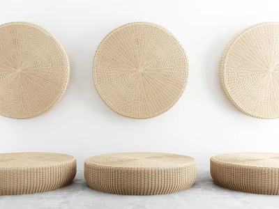 Woven Wall Art And Round Stools In Minimalist Interior With Neutral Tones 3d model