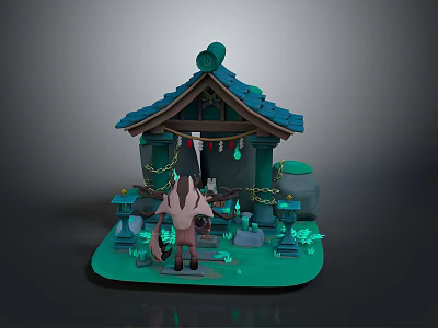 Small House Scene With Blue Roof Eave Figure Green Decorations Glowing Plants Stones And Lanterns 3d model