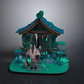 Small House Scene With Blue Roof Eave Figure Green Decorations Glowing Plants Stones And Lanterns