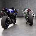 Two Sporty Green White And Blue Motorcycles On Gray Floor With Gray Walls