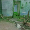 Abandoned Indoor Scene With Blue Walls Peeling Paint Debris And Broken Furniture
