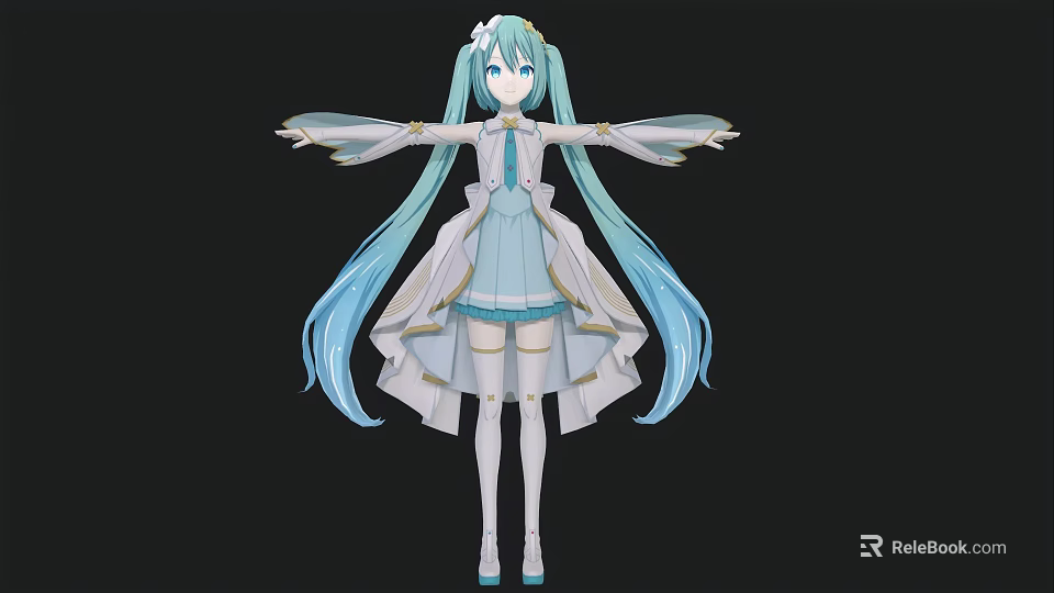 Woman With Turquoise Long Hair And Blue White Dress Wearing Flower Accessory Arms Outstretched 3d model 