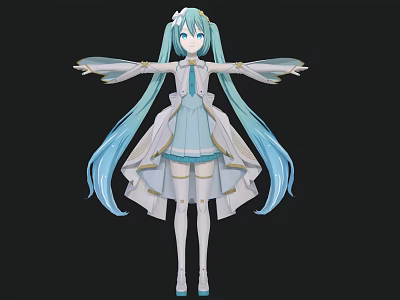 Woman With Turquoise Long Hair And Blue White Dress Wearing Flower Accessory Arms Outstretched 3d model