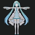 Woman With Turquoise Long Hair And Blue White Dress Wearing Flower Accessory Arms Outstretched