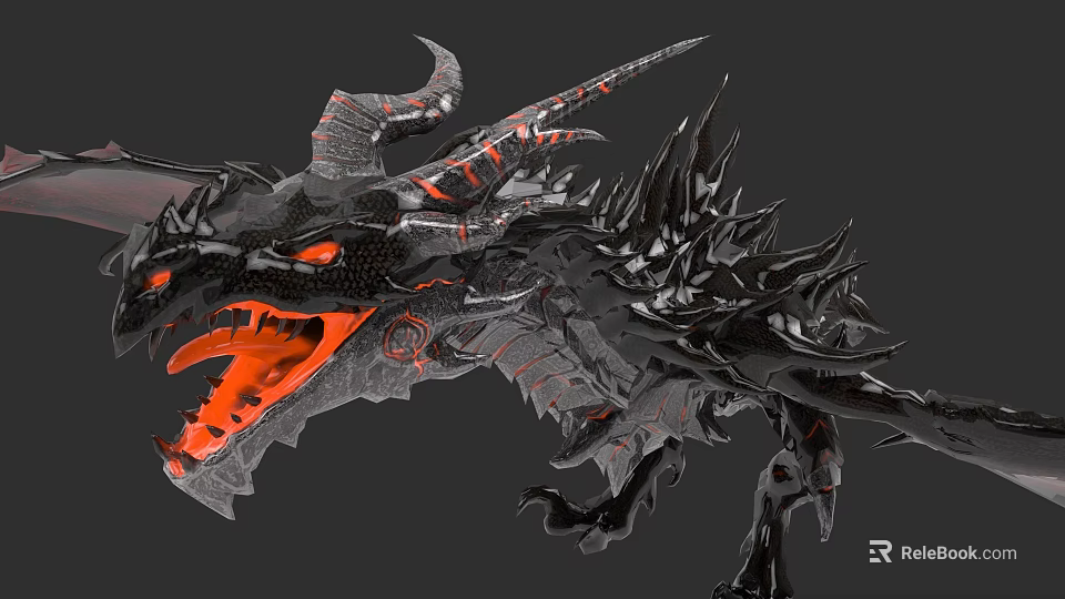 Mythical Black Reptile Dragon Featuring Red Eyes Open Mouth Spikes And Horns 3d model 