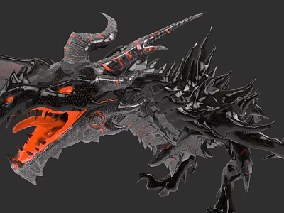 Mythical Black Reptile Dragon Featuring Red Eyes Open Mouth Spikes And Horns 3d model