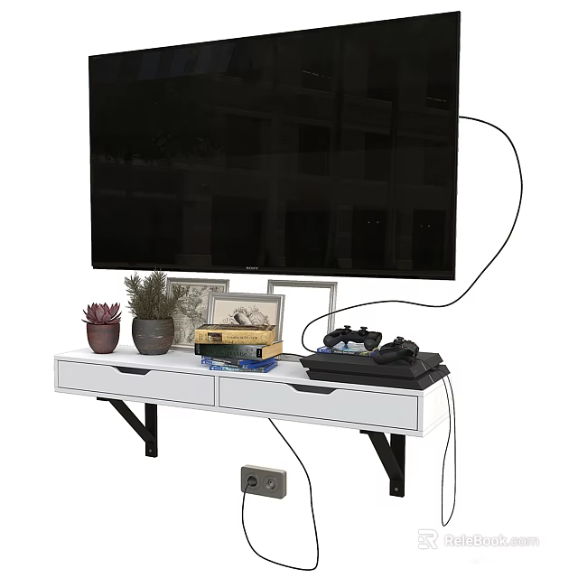 Modern Television on White TV Stand with Succulent Plants Photo Frame Books and Game Controller 3d model 