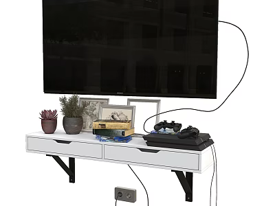 Modern Television on White TV Stand with Succulent Plants Photo Frame Books and Game Controller 3d model
