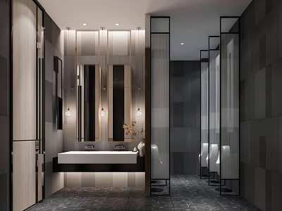 Modern Public Restroom Interior Design With Mirrors Washbasins And Dark Walls 3d model