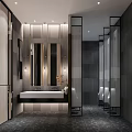 Modern Public Restroom Interior Design With Mirrors Washbasins And Dark Walls
