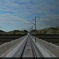 Bridge With High Speed Train Over River And Cargo Ship Near Mountains And Farmland