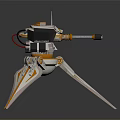 Futuristic Orange And White Mechanical Weapon With Three Legged Base Cannon And Antenna