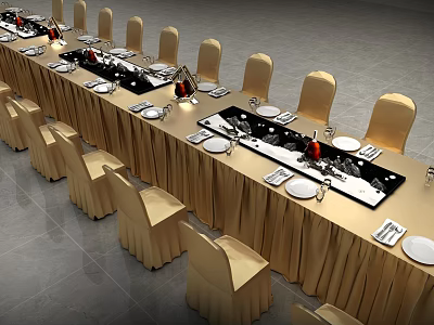 Elegant Banquet Hall Setup With Golden Chairs Tablecloth And Tableware Decorations 3d model