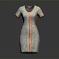 Gray Short Sleeved Dress Featuring Colorful Vertical Stripes And Decorative Trim