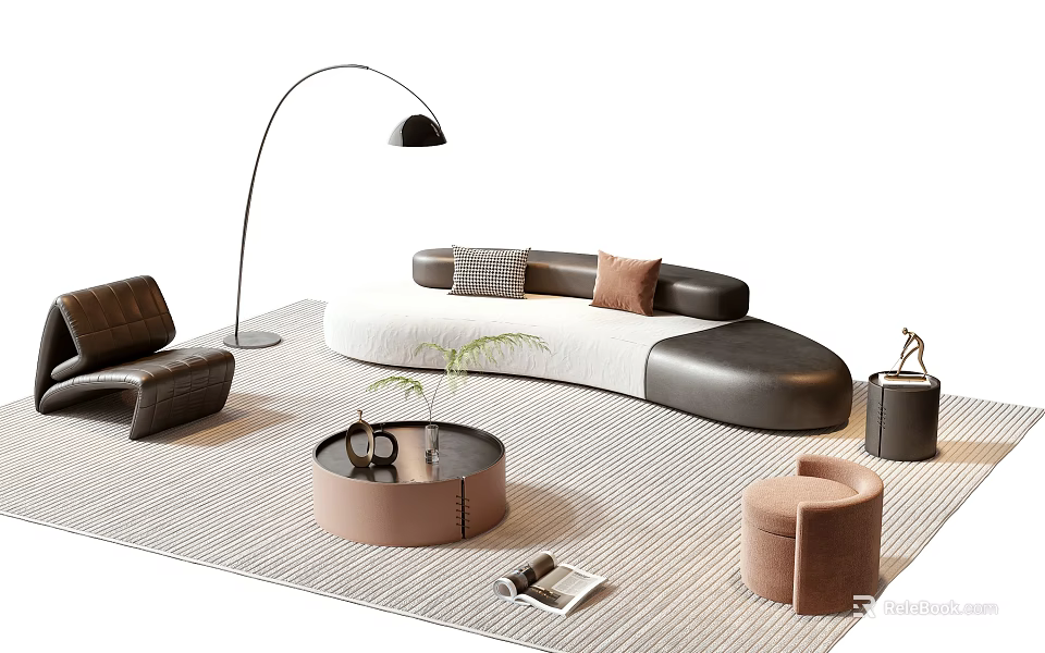Modern Curved Sofa And Round Coffee Table Set With Throw Pillows Floor Lamp And Stool 3d model 