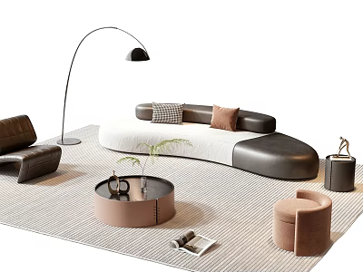 Modern Curved Sofa And Round Coffee Table Set With Throw Pillows Floor Lamp And Stool 3d model