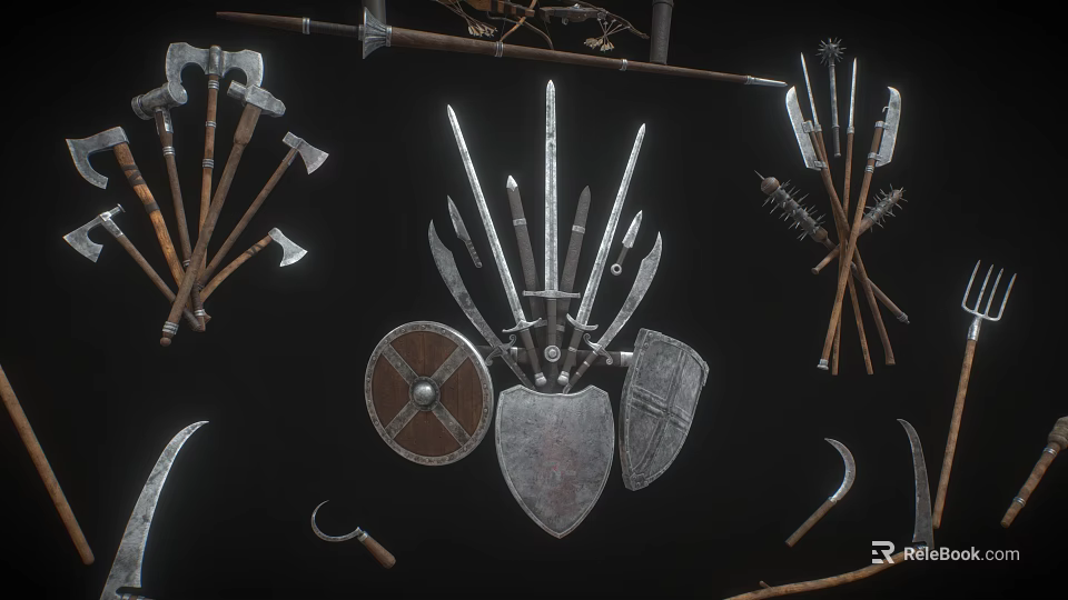Ancient Medieval Weapons Collection Featuring Axes Spears Shields And Swords 3d model 
