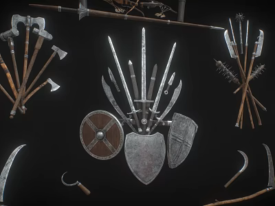 Ancient Medieval Weapons Collection Featuring Axes Spears Shields And Swords 3d model