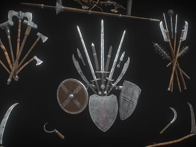 Ancient Medieval Weapons Collection Featuring Axes Spears Shields And Swords 3d model