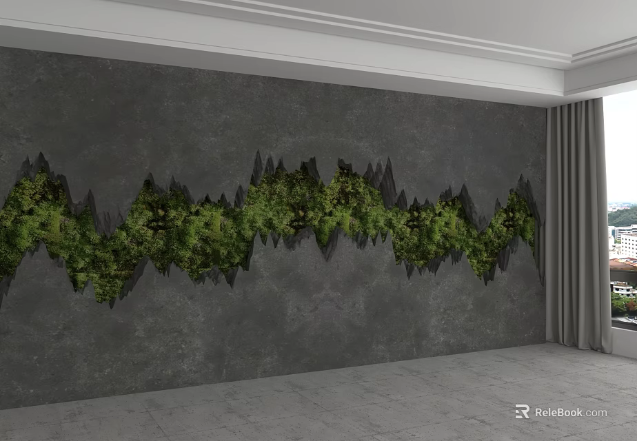 Gray Background Wall With Wavy Green Plant Decoration In Modern Room 3d model 