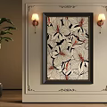 Black Framed Floral Oil Painting with Red Details on Wall with Lamps and Green Plant