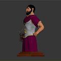 Roman Male Game Character In Purple Robe With Silver Armor Golden Patterns On Wooden Base