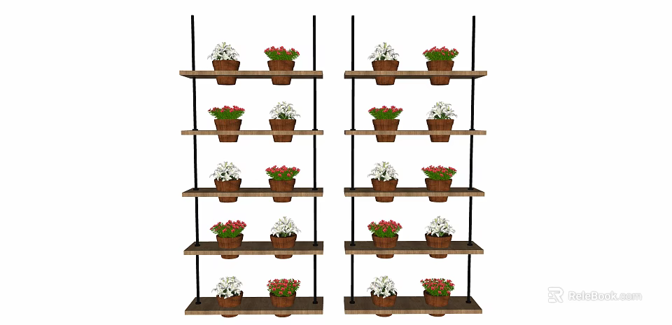 Charming Garden Decor Featuring Multi Tiered Shelves And Colorful Potted Plants 3d model 