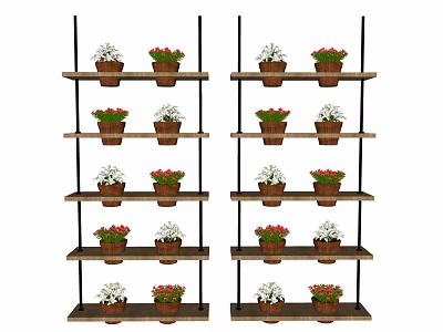 Charming Garden Decor Featuring Multi Tiered Shelves And Colorful Potted Plants 3d model