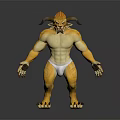 Game Movie Character with Horns Lion Head Muscular Yellow Body and Claws Standing Pose