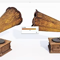 Vintage Wooden Gramophone Audio Devices With Carved Horns And Classic Design