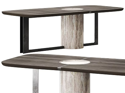 Modern Dining Table With Wooden Tabletop And Cylindrical Metal Pedestal Frame 3d model