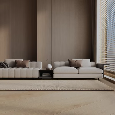 Modern Minimalist Three Seater Sofa With Light Beige Upholstery Plush Cushions And Wooden Floor 3d model
