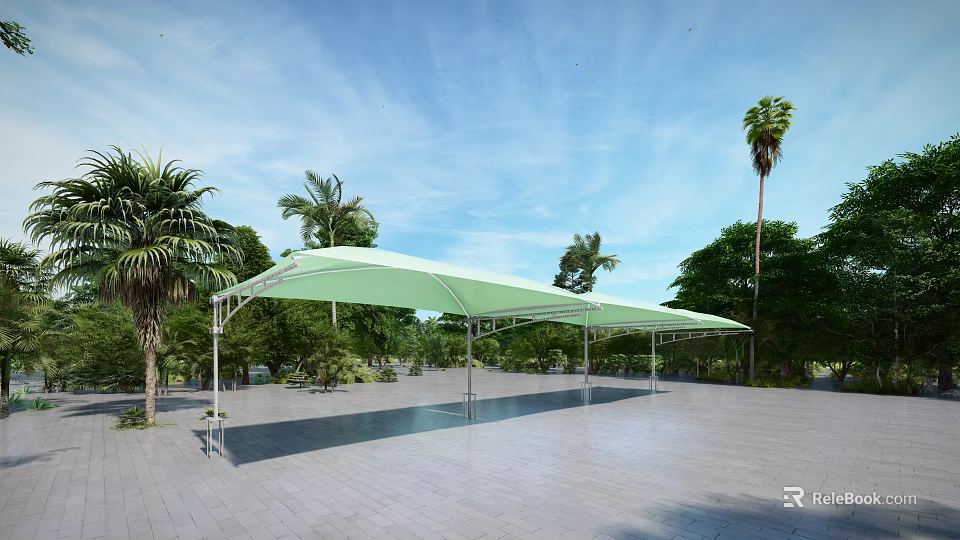 Green Canopy Shade Structure in Outdoor Area with Palm Trees and Open Space 3d model