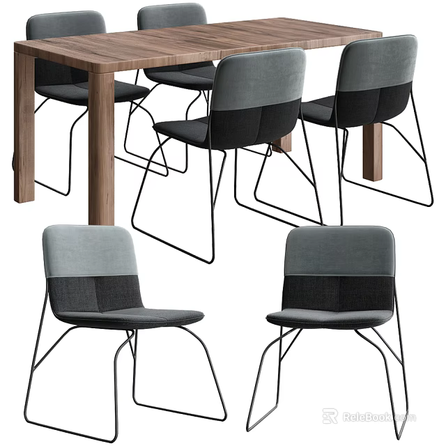 Modern Wooden Dining Table Set With Gray Cushioned Chairs And Metal Frames 3d model