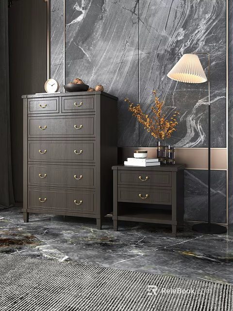 Dark Wood Chest of Drawers with Multiple Drawers and Side Table in Marble Wall Setting 3d model 