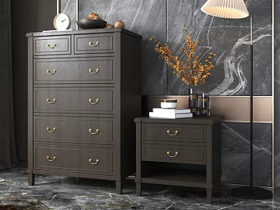 Dark Wood Chest of Drawers with Multiple Drawers and Side Table in Marble Wall Setting 3d model