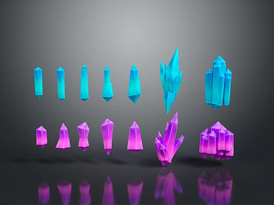 Blue and Purple Crystal Decorative Ornament Set with Columnar Polyhedral Shapes on Black Background Reflections 3d model