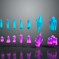 Blue and Purple Crystal Decorative Ornament Set with Columnar Polyhedral Shapes on Black Background Reflections