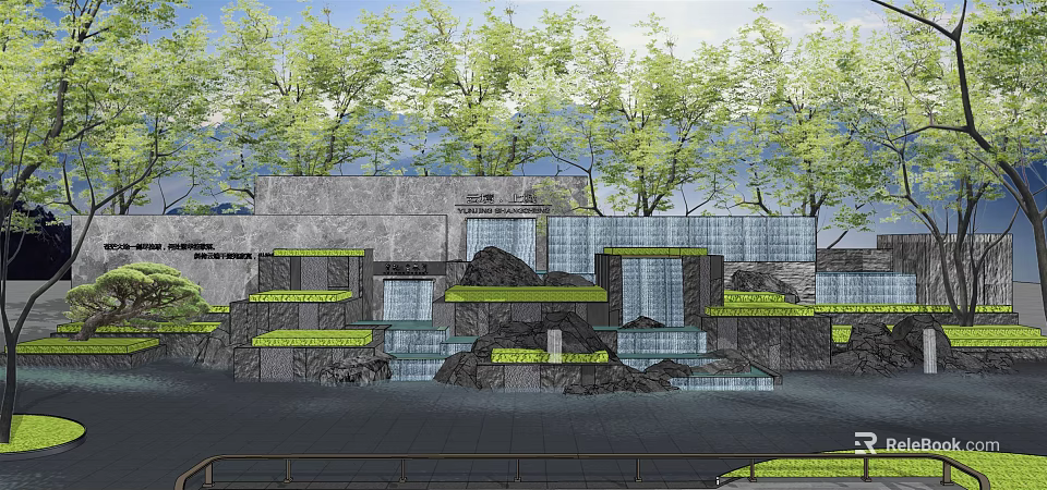 Building Facade Design Featuring Multi Tiered Waterfalls Stone Walls and Green Plants 3d model 