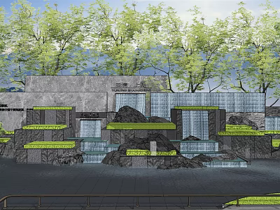 Building Facade Design Featuring Multi Tiered Waterfalls Stone Walls and Green Plants 3d model