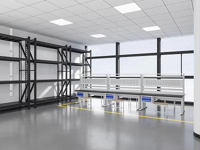 Metal Display Shelves In Organized Industrial Space With Bright Lighting And Windows 3d model