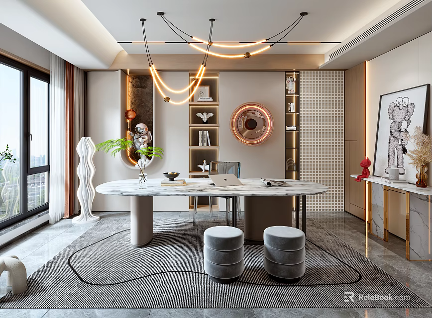 Elegant Modern Study Room Interior With Round Desk Bookshelf And Hanging Lighting Decor 3d model