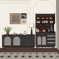 Stylish Dark Wood Sideboard With Glass Doors Table Lamp And Wall Art Decor