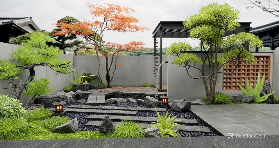 Japanese Style Garden With Stone Path Rock Formations Colorful Trees Lanterns And Green Plants 3d model 
