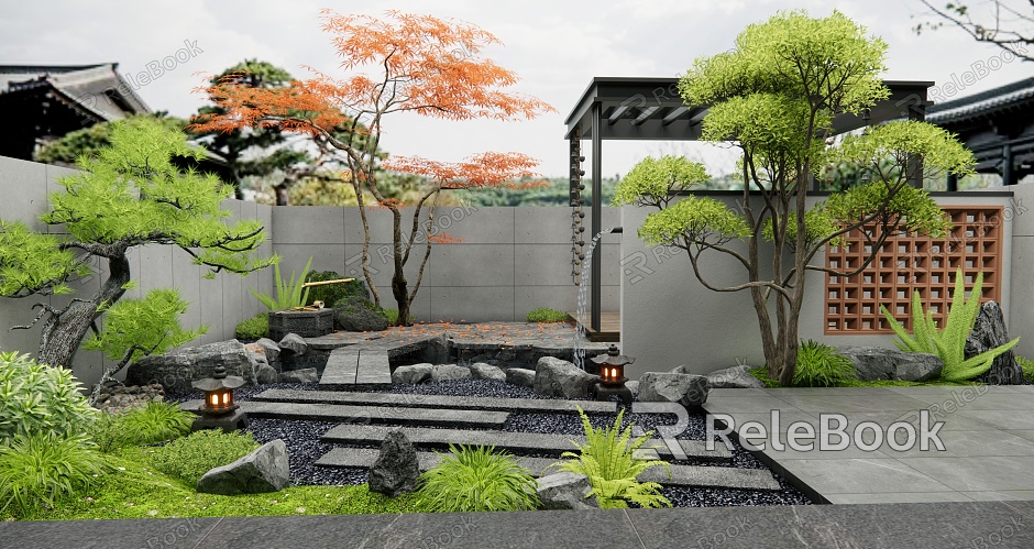 New Chinese Style Courtyard Landscape Wall Waterscape Ting Bu Stone Head Pavilion Water Pot Plant Landscape Arbor Landscape Tree Shrub model