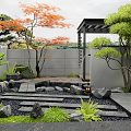 Japanese Style Garden With Stone Path Rock Formations Colorful Trees Lanterns And Green Plants