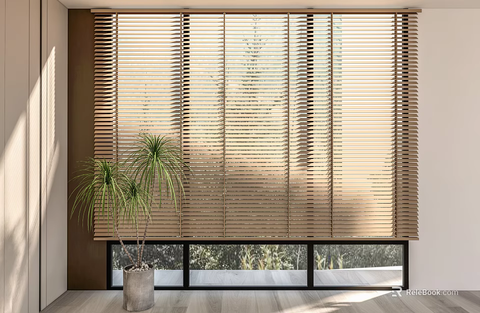 Light Brown Blinds In Modern Room With Green Plants And Natural Light 3d model 