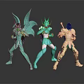 Mythical Characters In Green And Gold Armor With Winged Creature Designs