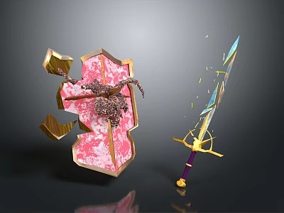 Pink Shield With Golden Accents And Shattered Design Alongside Glowing Golden Sword 3d model
